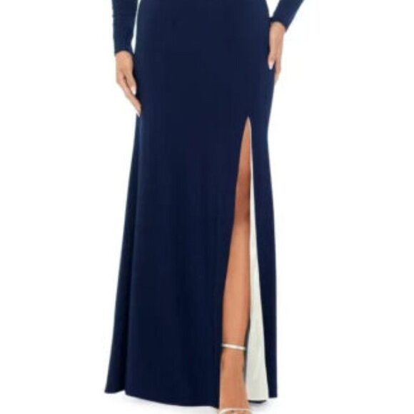 Xscape Navy Blue Rhinestone Embellished Long Sleeve Gown - Picture 2 of 5